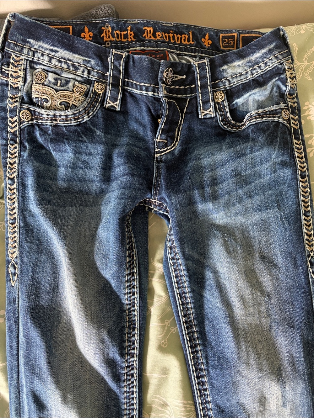 Rock Revival Women's Dark Blue Distressed Bootcut Jeans with Contrast Stitching
